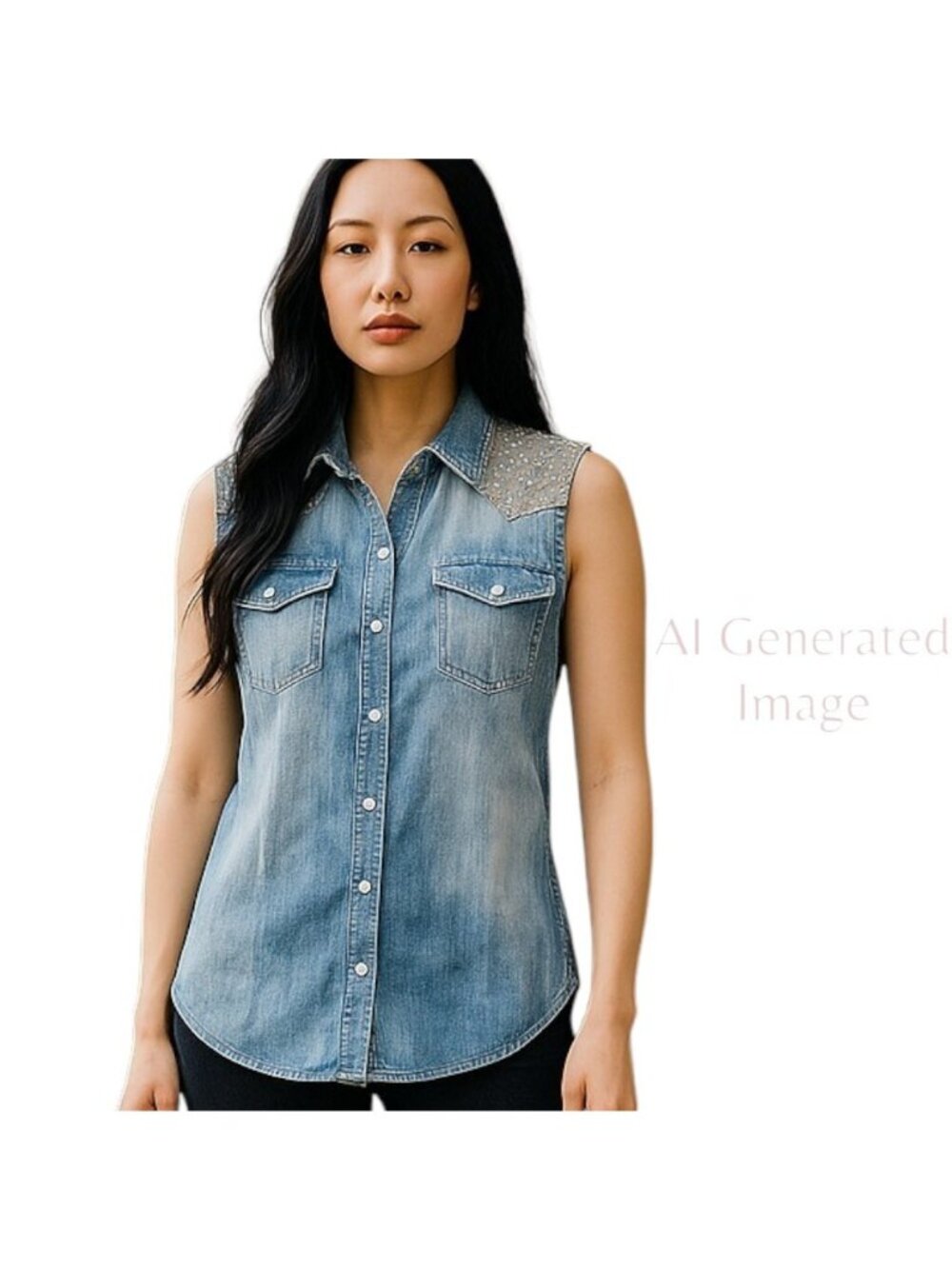 Jolt Boho Hippie Raw Hem Sleeve Pearl Snap Stone Wash Blue Denim Shirt Sz XS